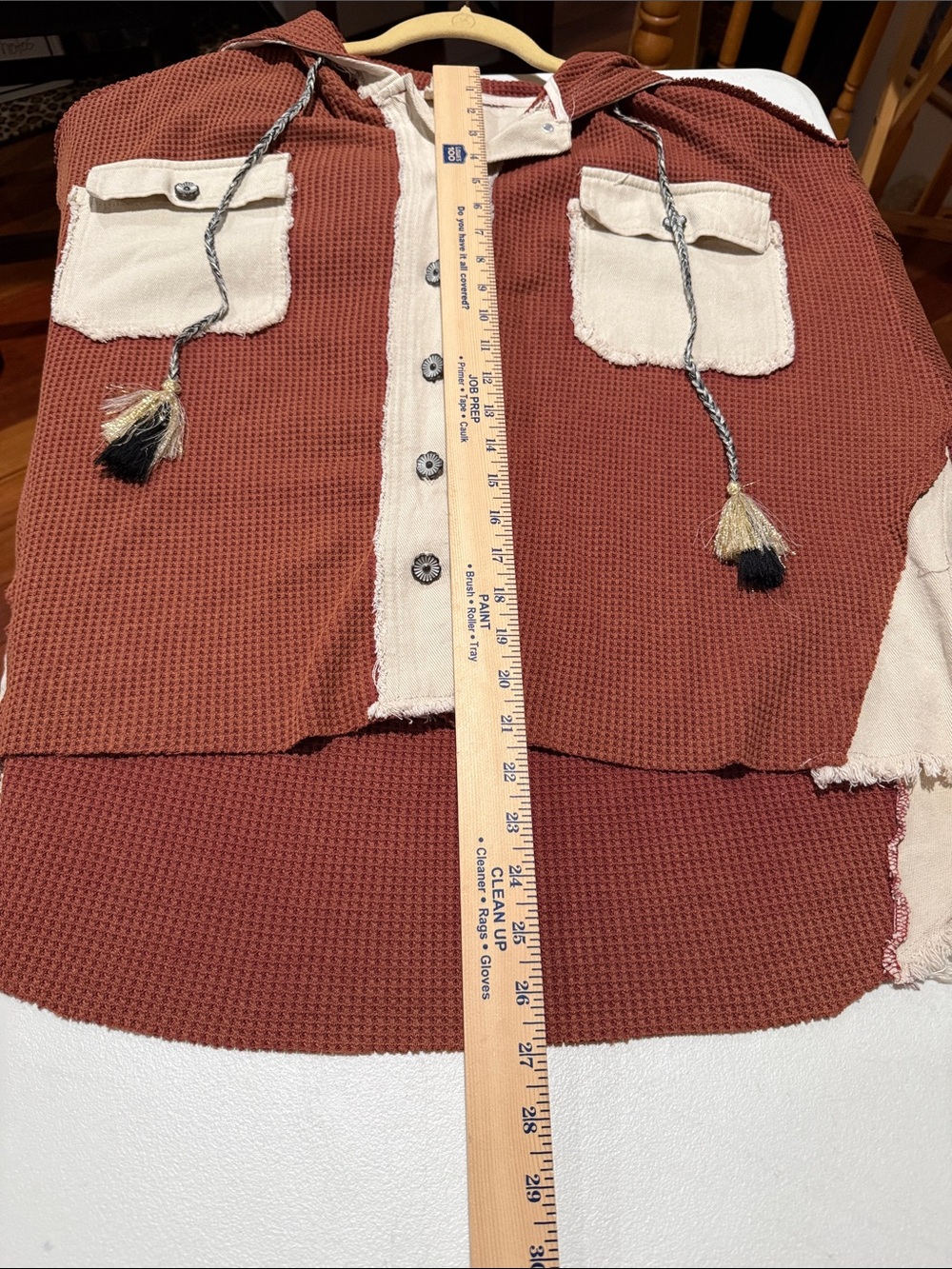 POL Waffle-Knit Hood Shacket Long Back Tassel Tie Oversized Fray Edges Slouchy S - Picture 9 of 14